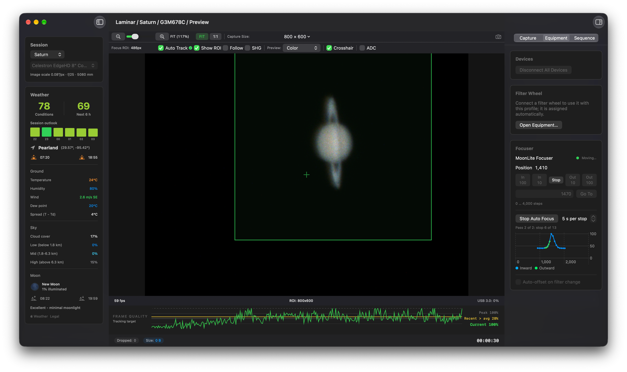 Laminar Auto Focus mid-run on Saturn, showing pass 2 of 2 at stop 6 of 13 with inward and outward focus curves