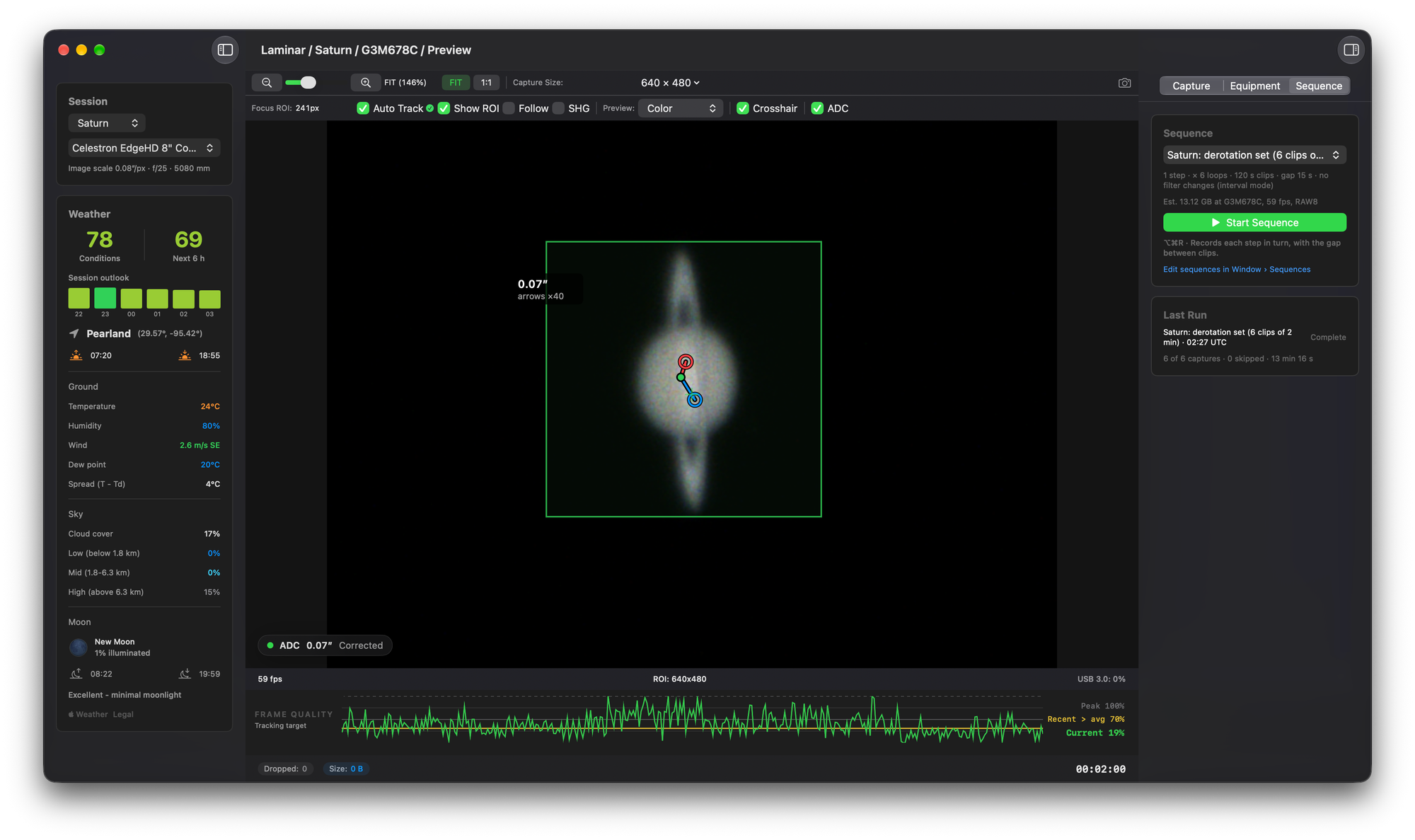 Laminar live on Saturn with a ToupTek G3M678C, showing ADC 0.07 arcseconds corrected and a completed six-clip derotation sequence