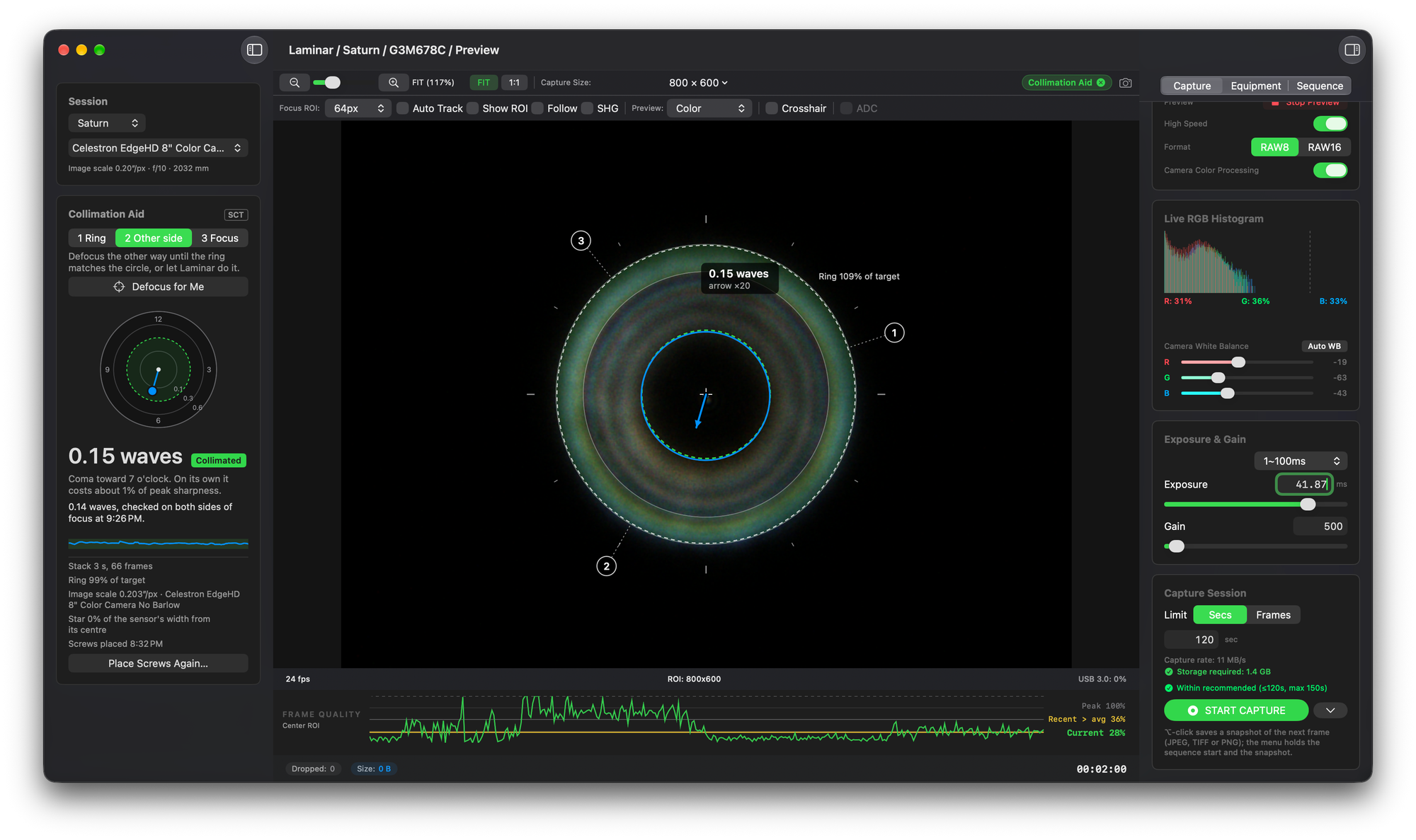 Laminar's Collimation Aid on the other side of focus, reading 0.15 waves with a Collimated badge and a dial showing coma toward 7 o'clock.