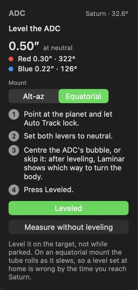 Laminar's Level the ADC card: the split at neutral, an alt-az or equatorial mount choice, four numbered steps and a Leveled button