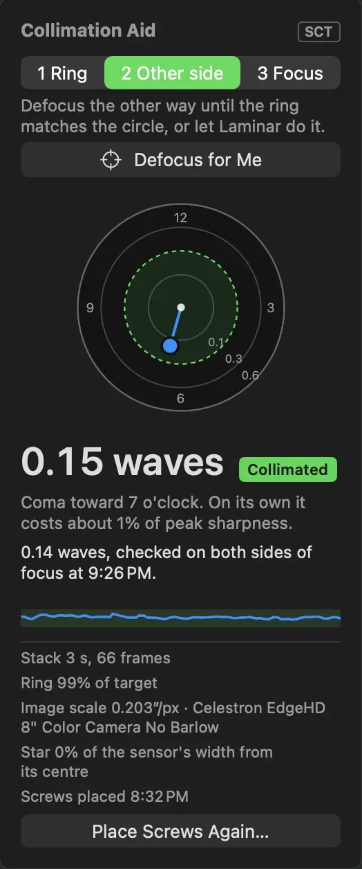 Laminar's Collimation Aid card reading 0.15 waves, Collimated: coma toward 7 o'clock costing about 1% of peak sharpness, 0.14 waves checked on both sides of focus