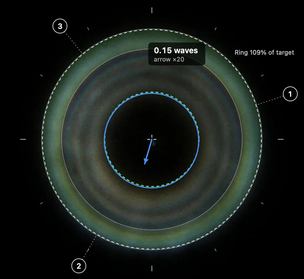 The other side of focus in Laminar's Collimation Aid overlay: the central shadow almost centered in the ring, 0.15 waves