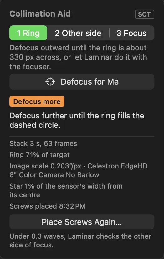 Laminar's Collimation Aid card on the Ring step: defocus outward until the ring is about 330 pixels across, or let Laminar do it with the focuser, and a Defocus more badge