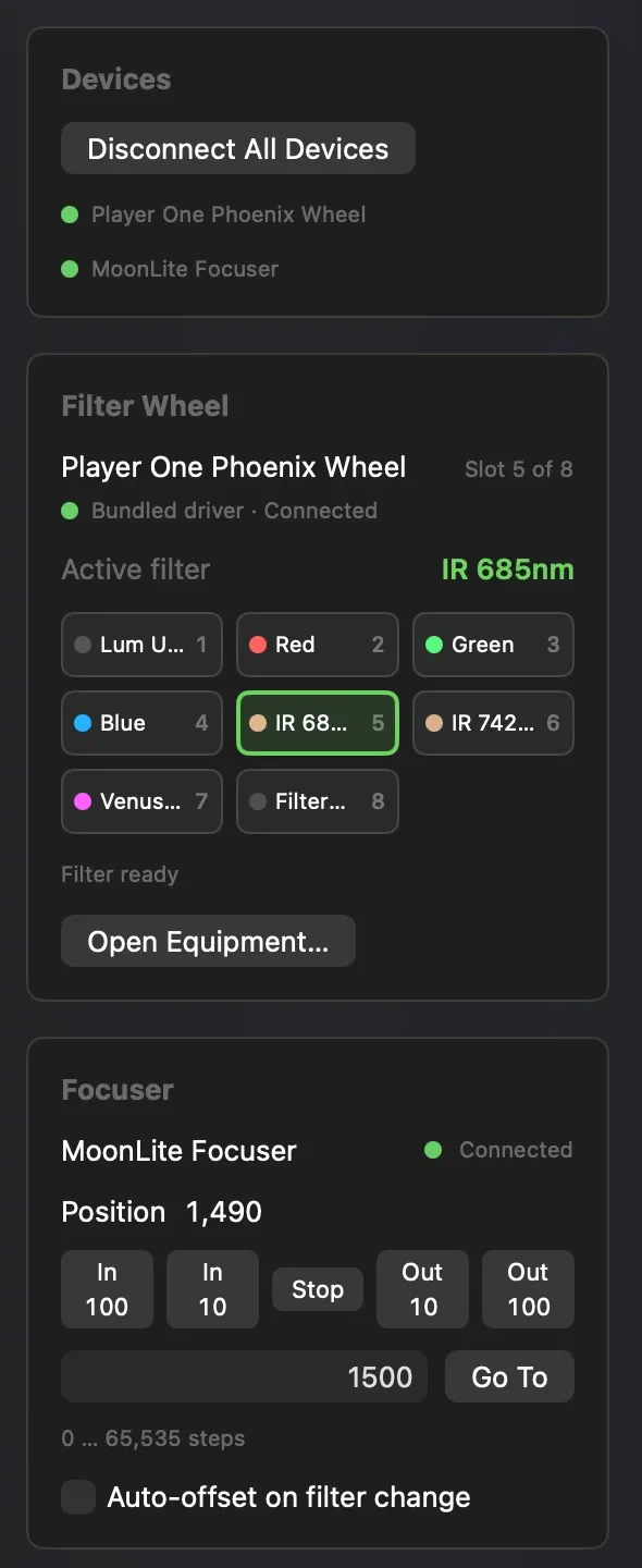Laminar's Equipment tab with a Player One Phoenix filter wheel on IR 685nm, slot 5 of 8, and a MoonLite focuser at position 1,490 with In, Out, Stop and Go To controls