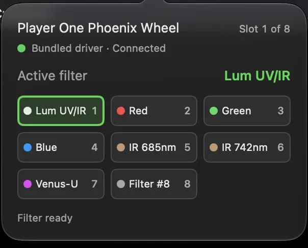 Laminar's filter popover over the preview, listing eight named filters on a Player One Phoenix wheel with Lum UV/IR active
