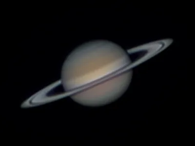 Saturn with its rings open, the Cassini Division and banding on the globe, stacked and derotated in Strata from six two-minute Laminar clips