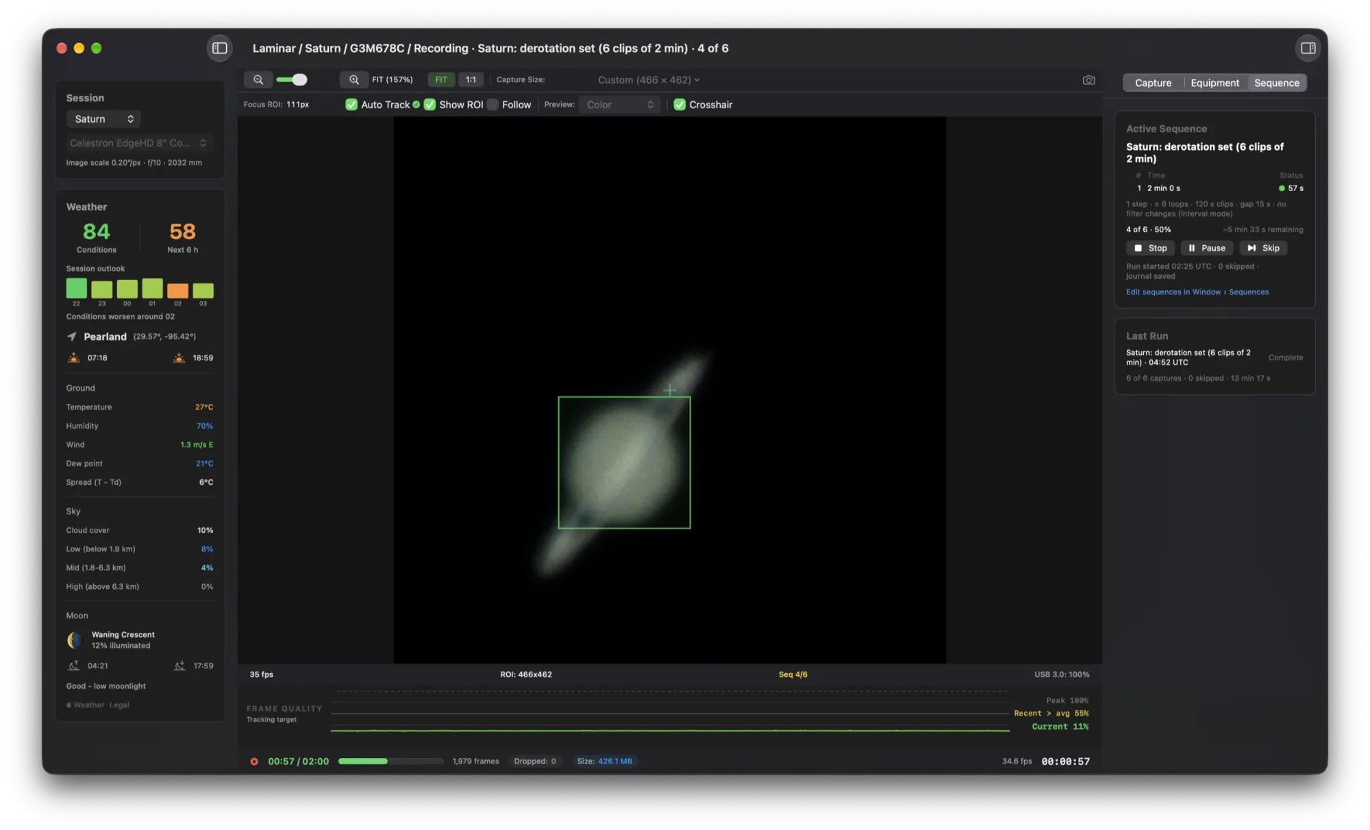 Laminar recording Saturn at 35 frames per second on a ToupTek G3M678C, with auto tracking, the frame quality graph, zero dropped frames and clip 4 of a six-clip Saturn derotation sequence running