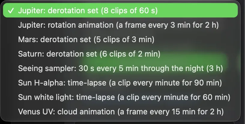 Laminar's sequence menu listing derotation sets for Jupiter, Saturn and Mars, a Jupiter rotation animation, a seeing sampler, solar time-lapses and a Venus UV cloud animation