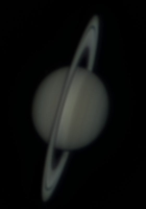 Saturn, step 1: From Sharpen. The sharpened stack as it arrives in Color: Levels at 0, 0.95 and 255. Correct, but dim and a little green.