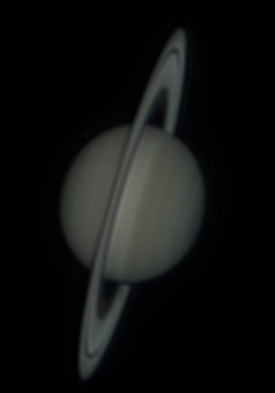 Saturn, sharp point: Layer 1 at 2.57, Layer 2 at 1.37. Ring structure and belts come up; the limb stays clean at normal brightness.