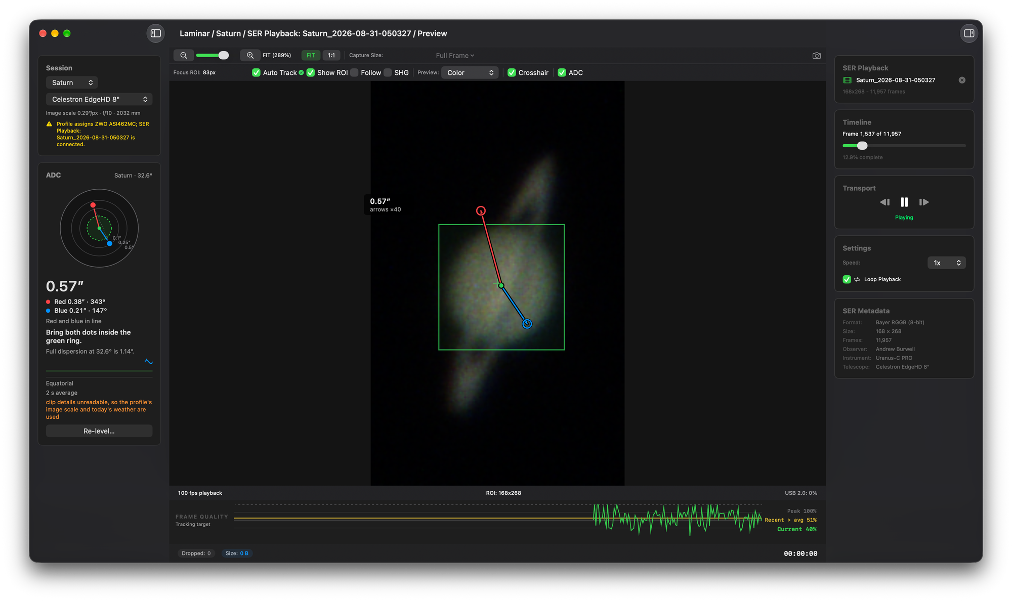 Laminar ADC Assist on a Saturn SER playback, showing 0.57 arcseconds of dispersion with a magnified red-to-blue arrow on the planet and the ADC target card in the sidebar