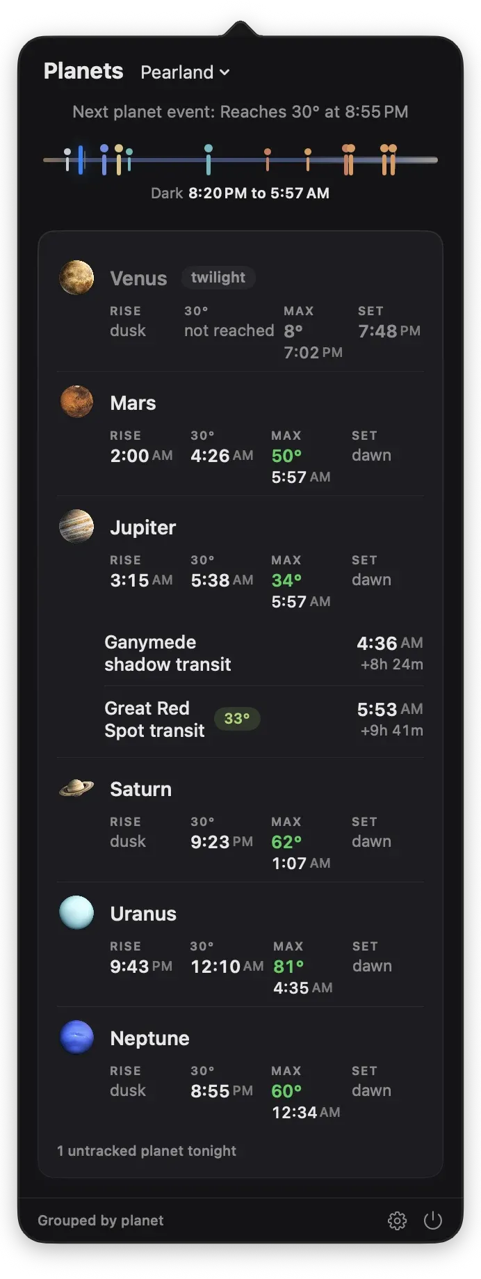 Transit's Planets panel for Pearland with rise, 30 degree, highest altitude and set times for Venus through Neptune, and two Jupiter events before dawn: Ganymede's shadow transit at 4:36 AM and the Great Red Spot crossing the disc at 5:53 AM, 33 degrees up