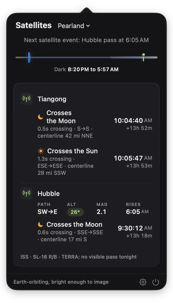 Transit's Satellites panel for Pearland: Tiangong crosses the Moon in 0.5 seconds and the Sun in 1.3 seconds about a minute later, and Hubble crosses the Moon in 0.6 seconds with the centerline 17 miles south