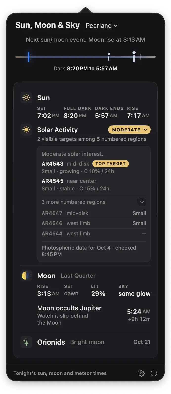 Transit's Sun, Moon and Sky panel with sunset and dark times, moderate solar activity with AR4548 picked as the top target, a last quarter Moon about to occult Jupiter at 5:24 AM, and the Orionids