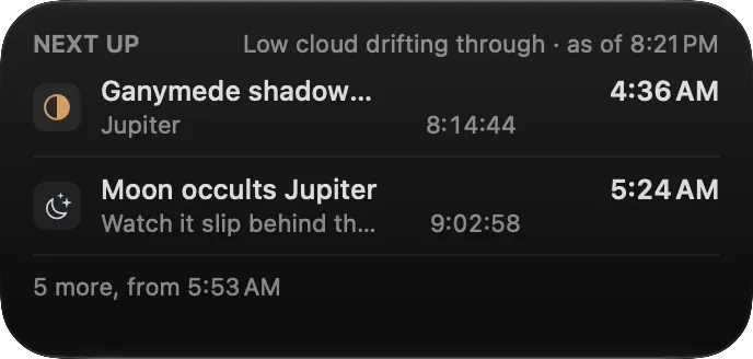 Transit's medium Next Up widget counting down to Ganymede's shadow transit at 4:36 AM and the Moon occulting Jupiter at 5:24 AM, with low cloud drifting through