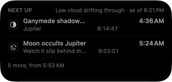The same Jupiter countdowns in the medium Next Up widget, in monochrome