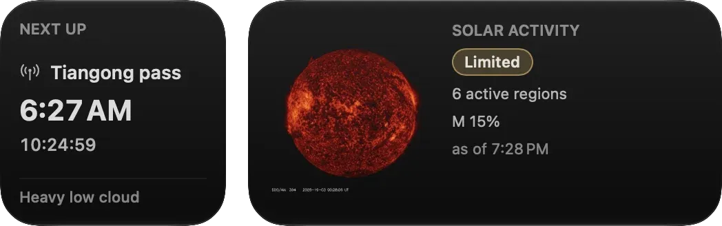 Transit's small Next Up widget counting down to a Tiangong pass, beside the medium Solar widget