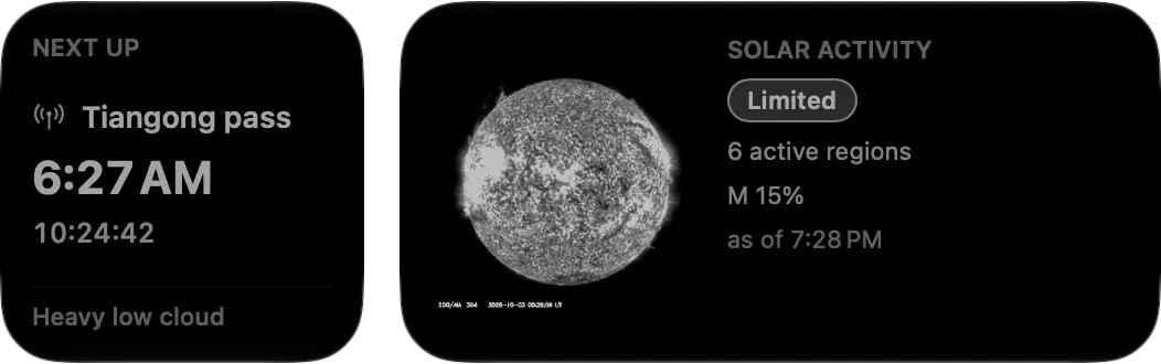 The same small Next Up and medium Solar widgets in monochrome
