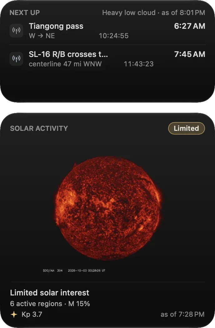 Transit's medium Next Up widget with a Tiangong pass and a rocket body crossing, above the large Solar widget showing the Sun in red