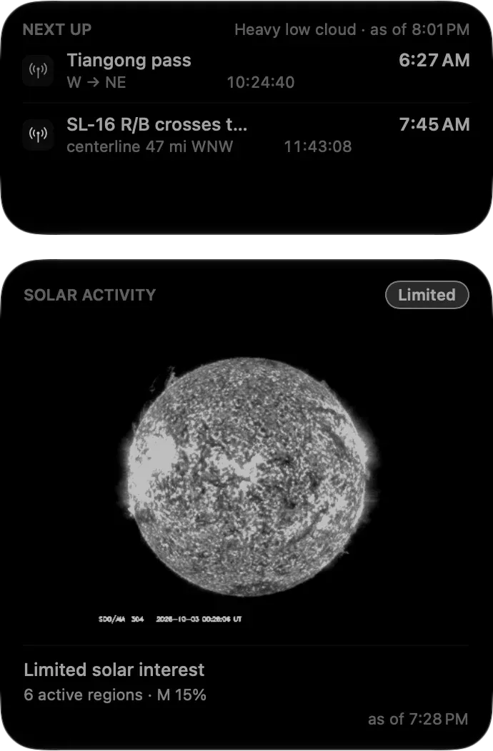 The same medium Next Up and large Solar widgets in monochrome