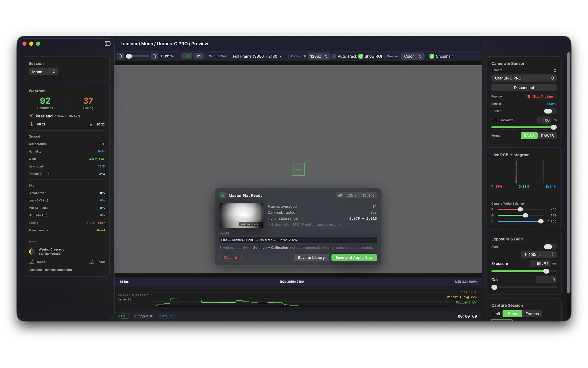 Laminar's Calibration settings tab on macOS showing dark, flat, and hot pixel correction toggles