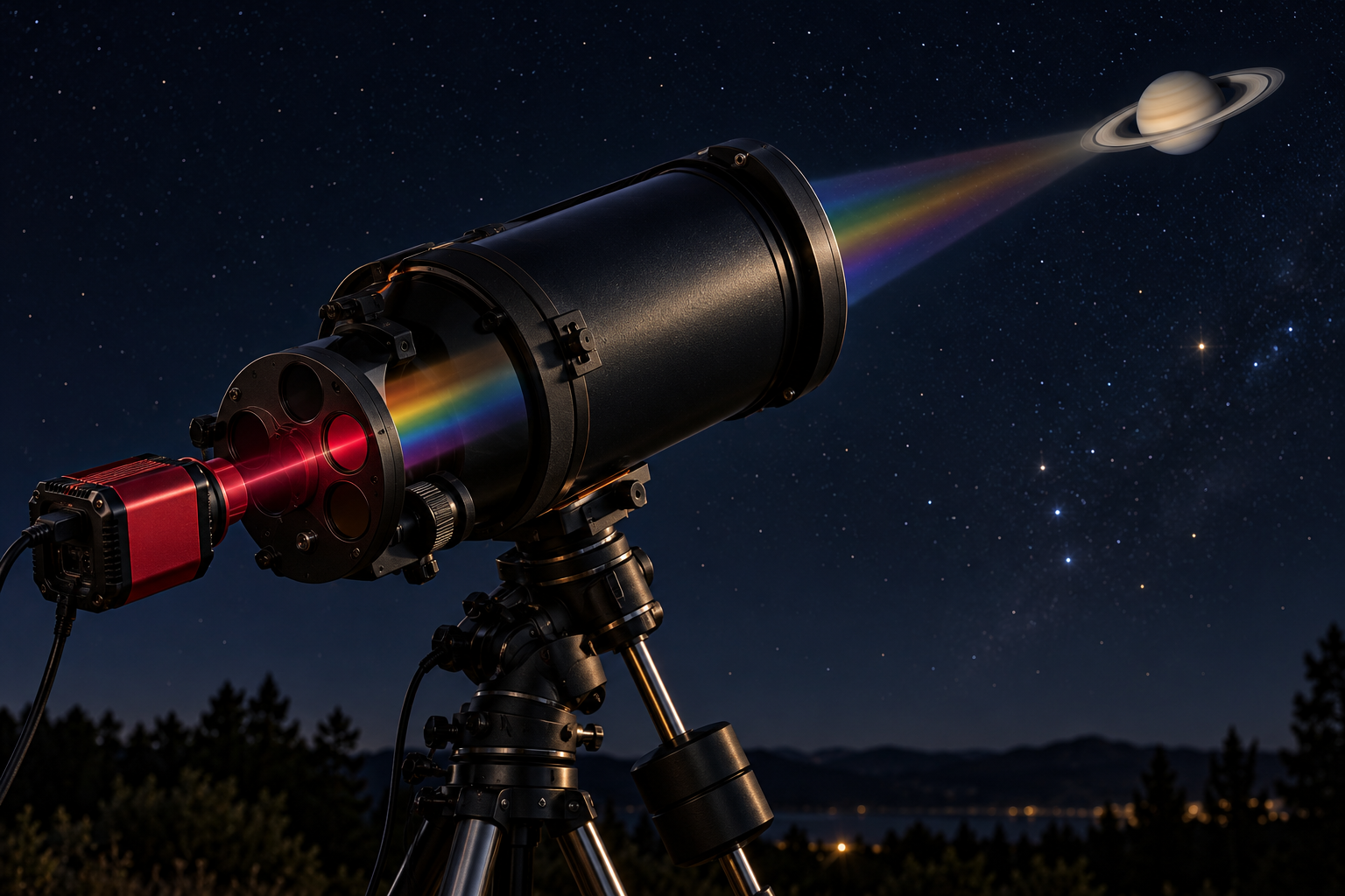 A backyard telescope aimed at Saturn with a filter wheel and monochrome camera; a conceptual beam changes from visible colors to deep red near-infrared light.