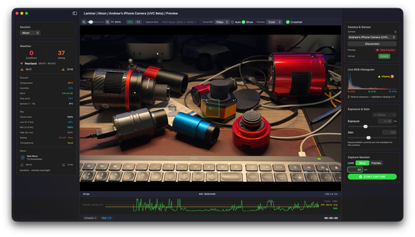 Laminar 1.2.5 Inspector showing the new Red, Green, and Blue white balance sliders beneath the Live RGB Histogram, with a color planetary camera connected.