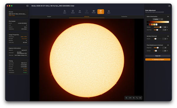Strata for Mac, Build 14, showing the simplified Solar Tone Sharpen panel with Background Protection controls on an H-alpha solar capture