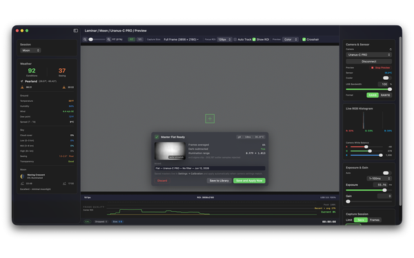 Laminar's Calibration settings tab on macOS showing dark, flat, and hot pixel correction toggles