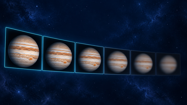 Illustration of six Jupiter video frames in a row, sharp on the left and increasingly blurred to the right, with the three sharpest outlined in blue
