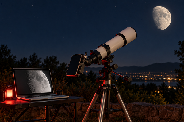 A smartphone clamped to the eyepiece of a white refractor aimed at a gibbous Moon at night, with a laptop on a camp table showing an illustrative grayscale view of the Moon.