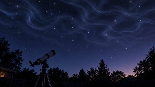 A small refractor on a tripod beneath a starry navy sky, with flowing translucent bands illustrating turbulent air above a backyard tree line.