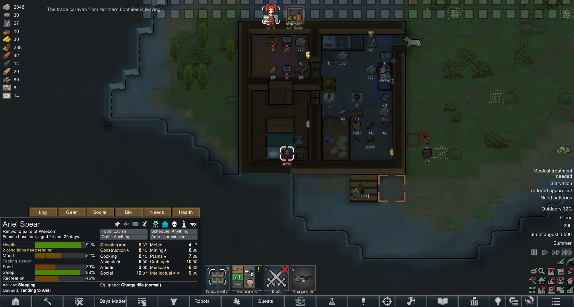 An early-game RimWorld colony in summer: a small walled base of a few rooms, the selected colonist Ariel Spear asleep with a charge rifle, and alerts warning of starvation, untreated injuries and flat batteries.