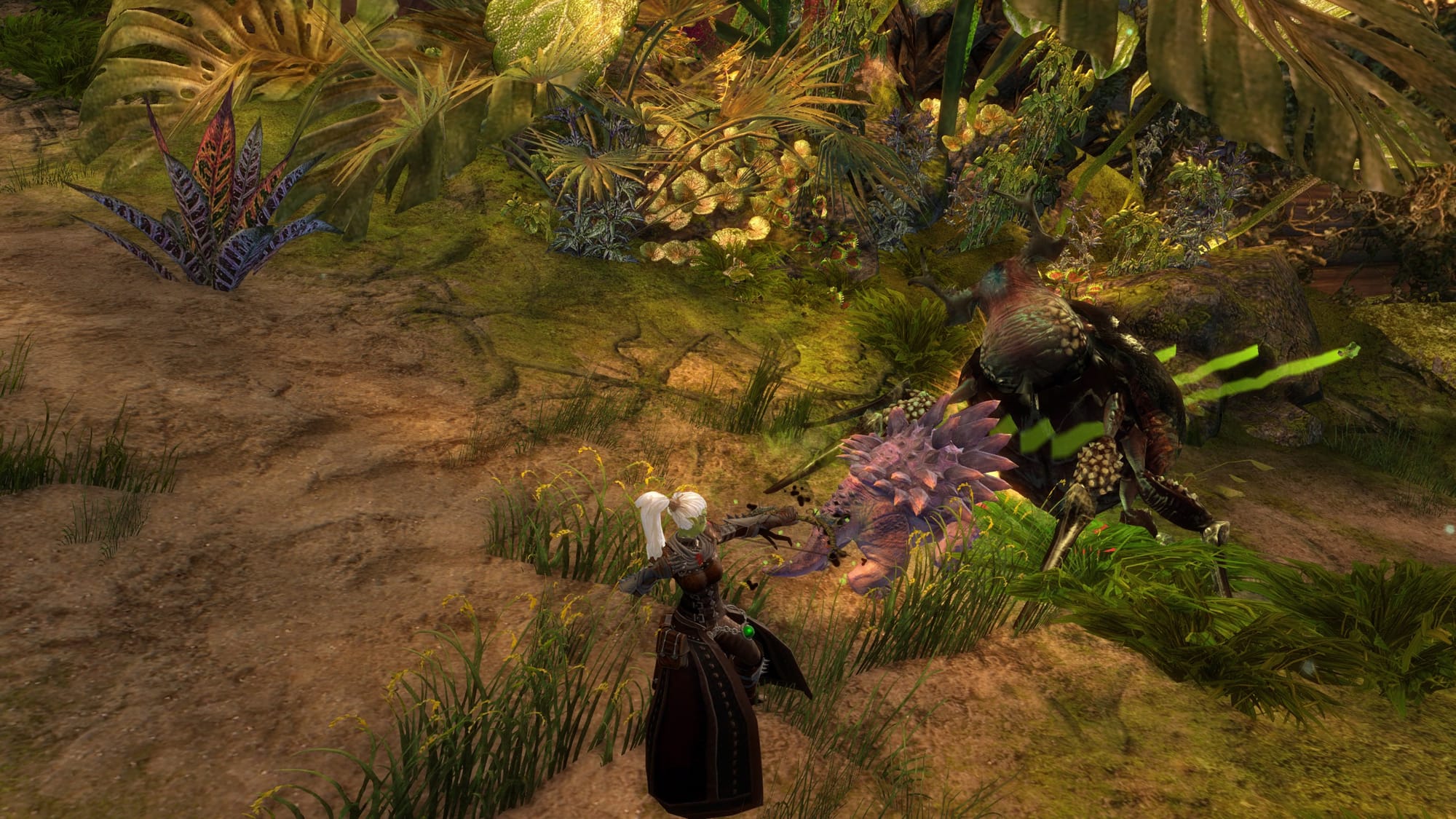 A sylvari ranger fires a shortbow at a jungle beast while her pet attacks beside her