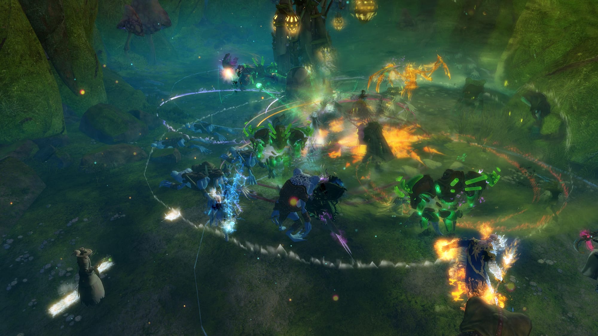 A crowded open-world fight lit by spell effects, many players attacking one boss
