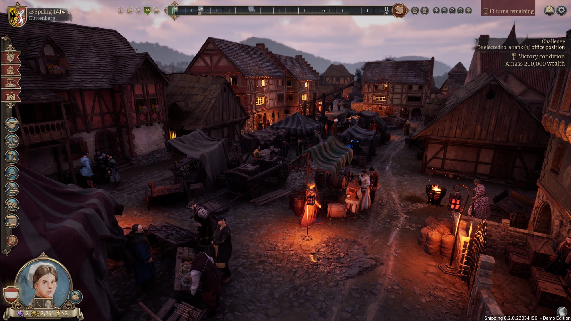 The medieval town of Kuttenberg in The Guild – Europa 1410: half-timbered houses around a busy market square at dusk, with stalls, carts and a craftsman working at a table up front.