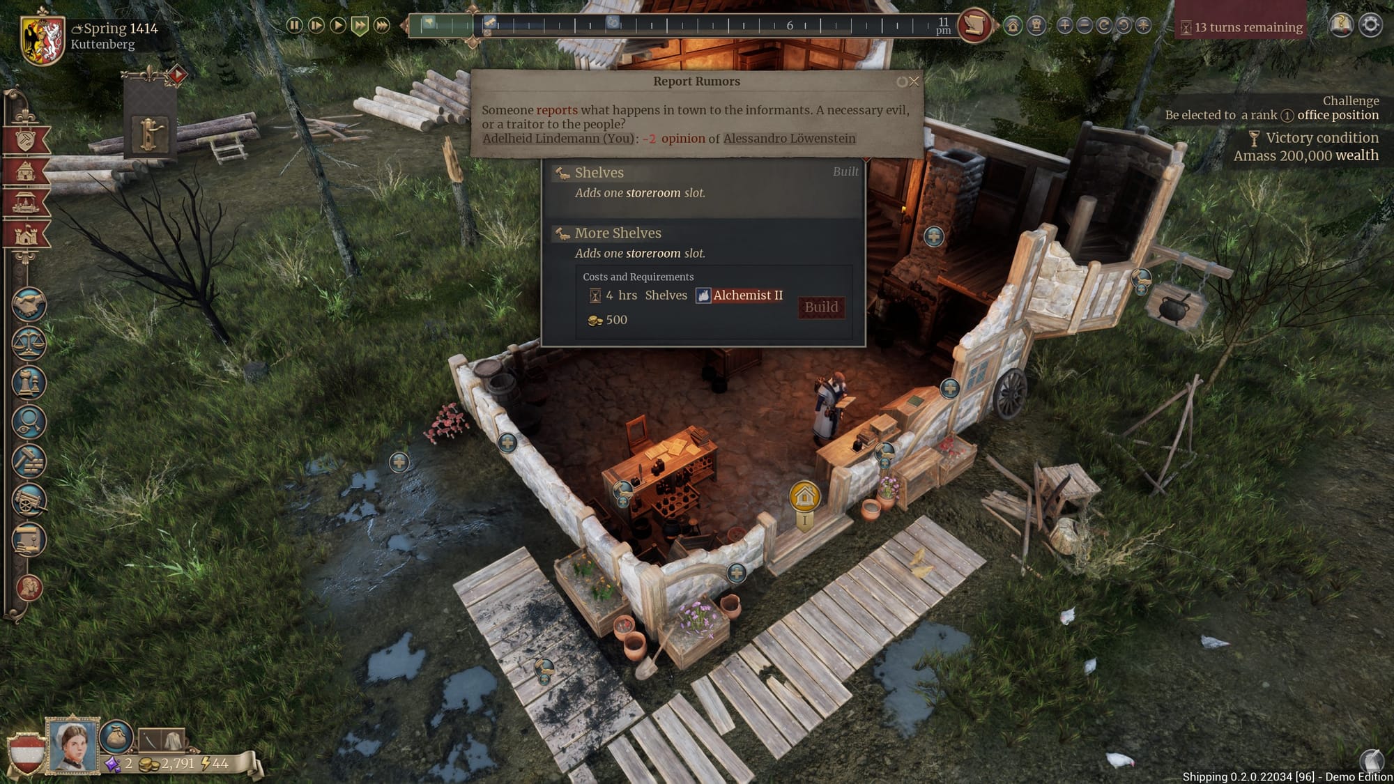 The Guild – Europa 1410's menu-heavy interface: a building upgrade menu and a "Report Rumors" event pop-up over the player's alchemist workshop, ringed by the icon toolbar, turn timer and victory goals.