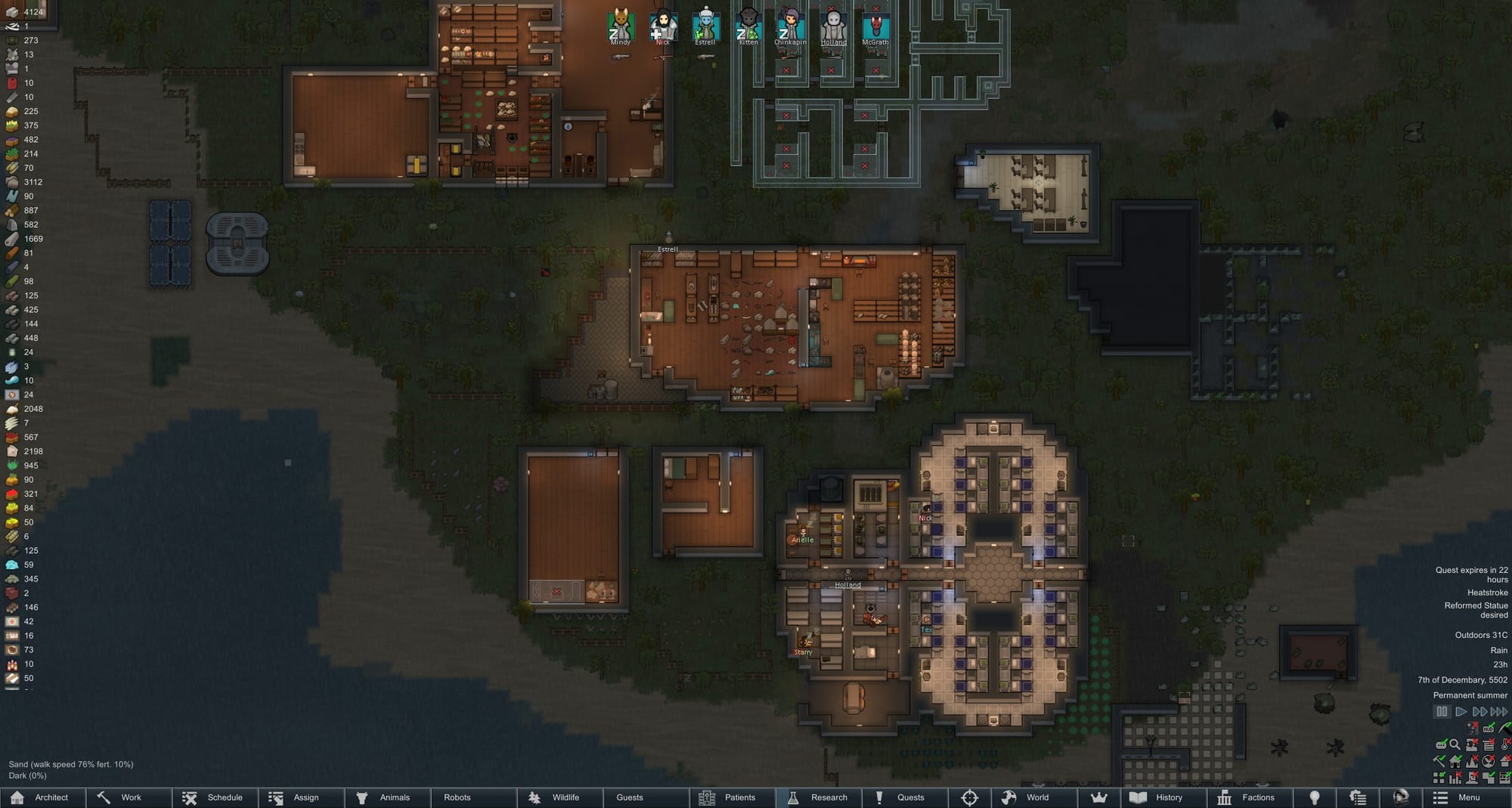 A sprawling late-game RimWorld colony: separate workshop, bedroom and hospital wings spread around a large ornate stone hall, with solar panels, hydroponics and a row of colonists along the top of the map.