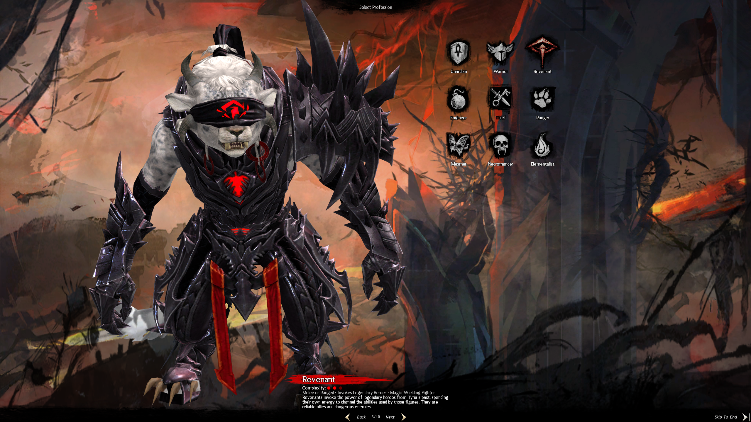 A Guild Wars 2 character in detailed armor posed against a warm backdrop