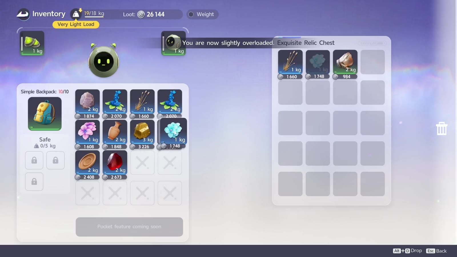 The Egg Heist backpack screen mid-run: a Simple Backpack at 10 of 10 slots filled with relics and berries, each labelled with its weight in kilograms and its coin value, a locked Safe below it, and the warning You are now slightly overloaded at the top