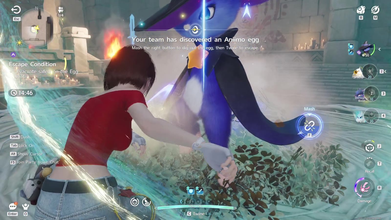 A Pathfinder in a red top kneels by an egg nest while her winged Aniimo stands over her, with the on-screen prompt Your team has discovered an Aniimo egg and a Mash button icon