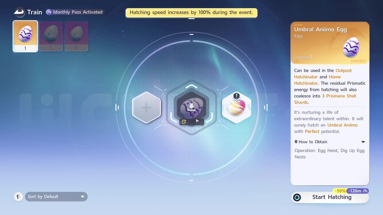 The hatching screen with an Umbral Aniimo Egg in the centre slot; the side panel says it can be used in the Outpost and Home Hatchinator, that its residual Prismatic energy coalesces into Prismana Shell Shards, and that it hatches an Umbral Aniimo with Perfect Potential