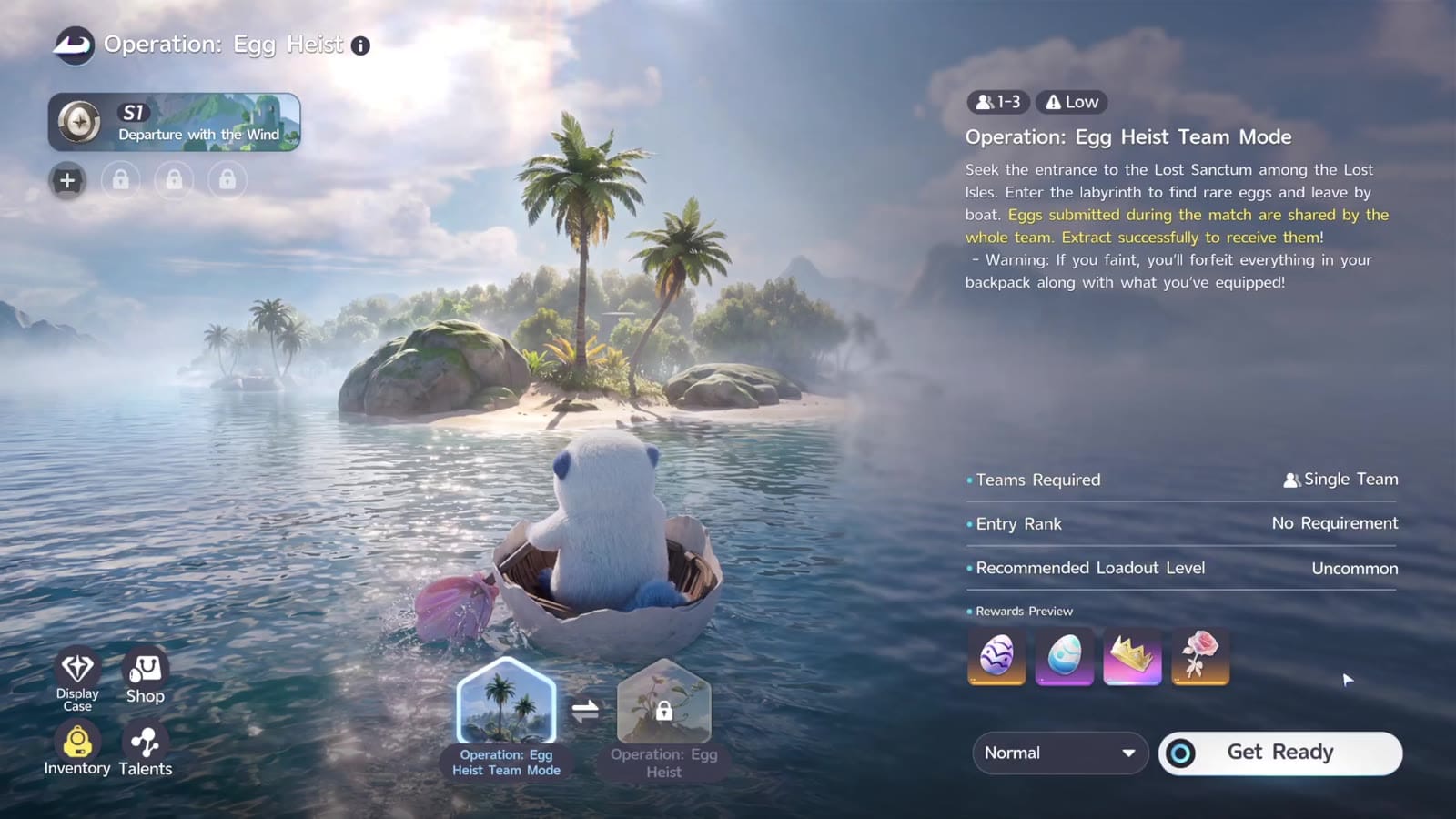 The Operation: Egg Heist Team Mode screen: a small white Aniimo floats towards an island in a round boat, the panel on the right reads 1-3 players, Low risk, Single Team, no entry rank and an Uncommon recommended loadout, with Normal selected next to Get Ready