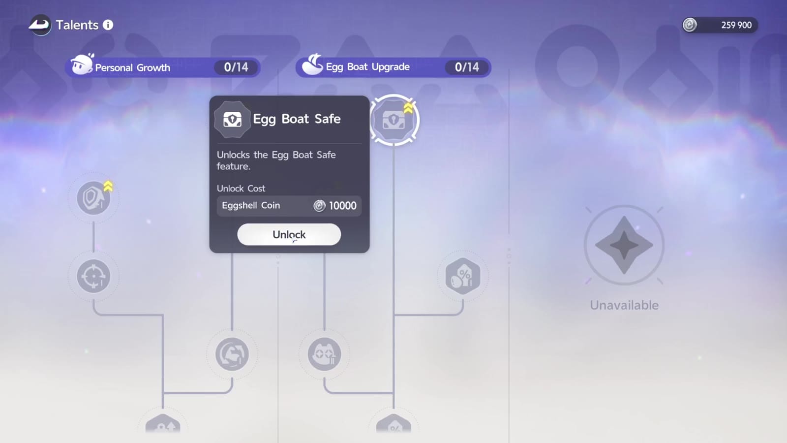 The Egg Heist talent screen with two trees, Personal Growth and Egg Boat Upgrade, each at 0 of 14; a tooltip on the Egg Boat Safe talent shows an unlock cost of 10,000 Eggshell Coins