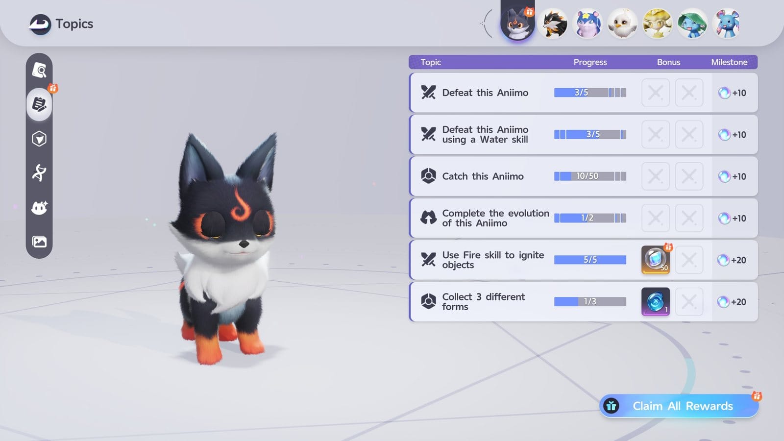 The Aniilog entry for Emberpup, listing topics such as defeating, catching and evolving it, each with a progress bar and a milestone reward, above a Claim All Rewards button