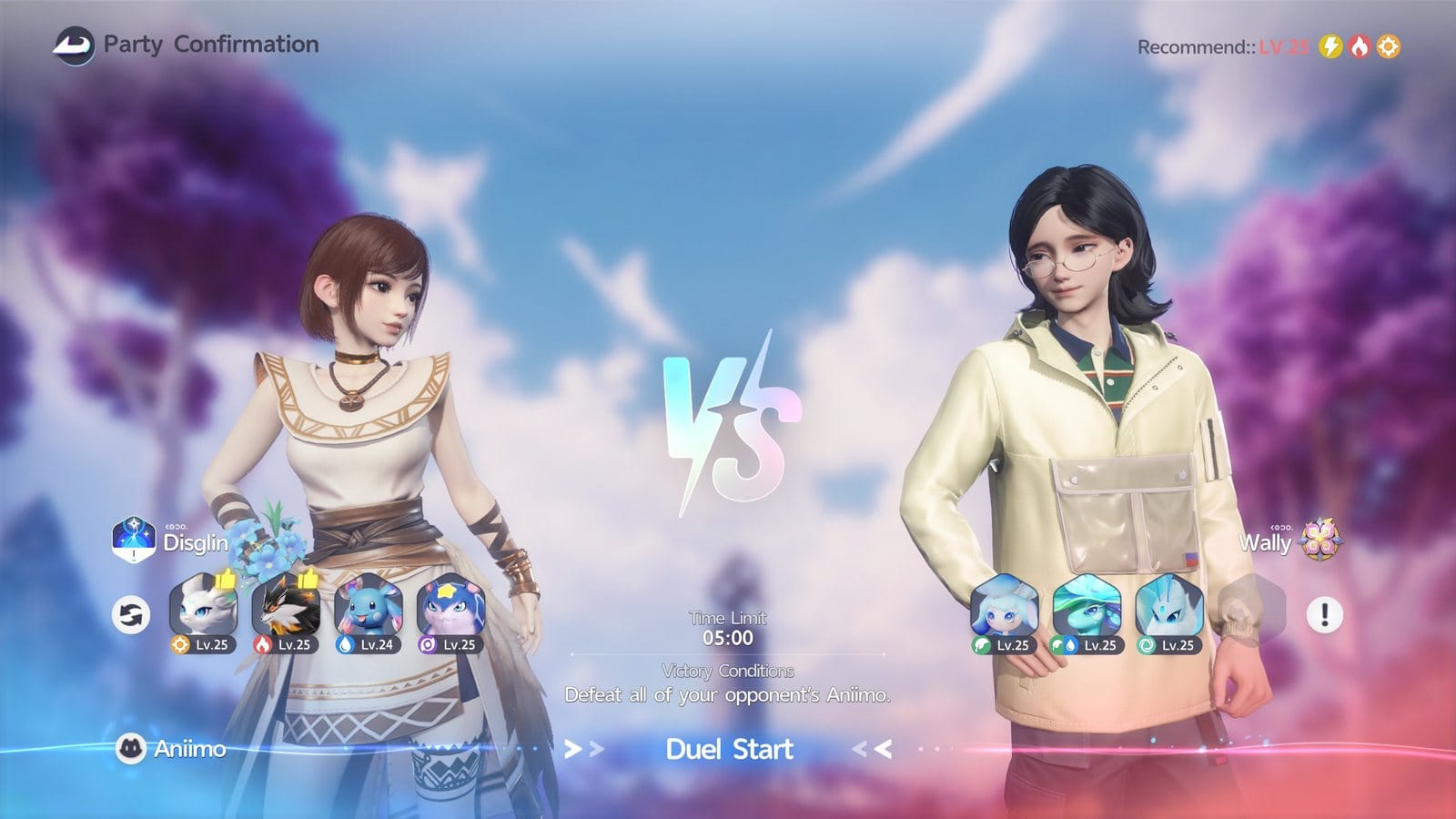 The party confirmation screen before a duel: the player's four Aniimo and the opponent's three lined up with their levels and element icons, and the recommended elements in the top right corner