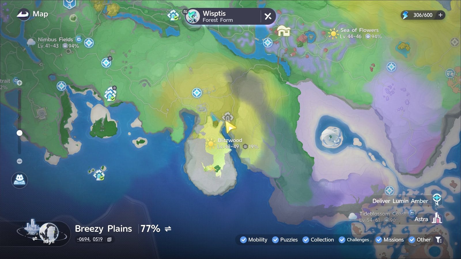 The Breezy Plains map with areas such as Nimbus Fields, Sea of Flowers and Blitzwood marked with their level ranges, and a Wisptis in its Forest Form set as the tracked target
