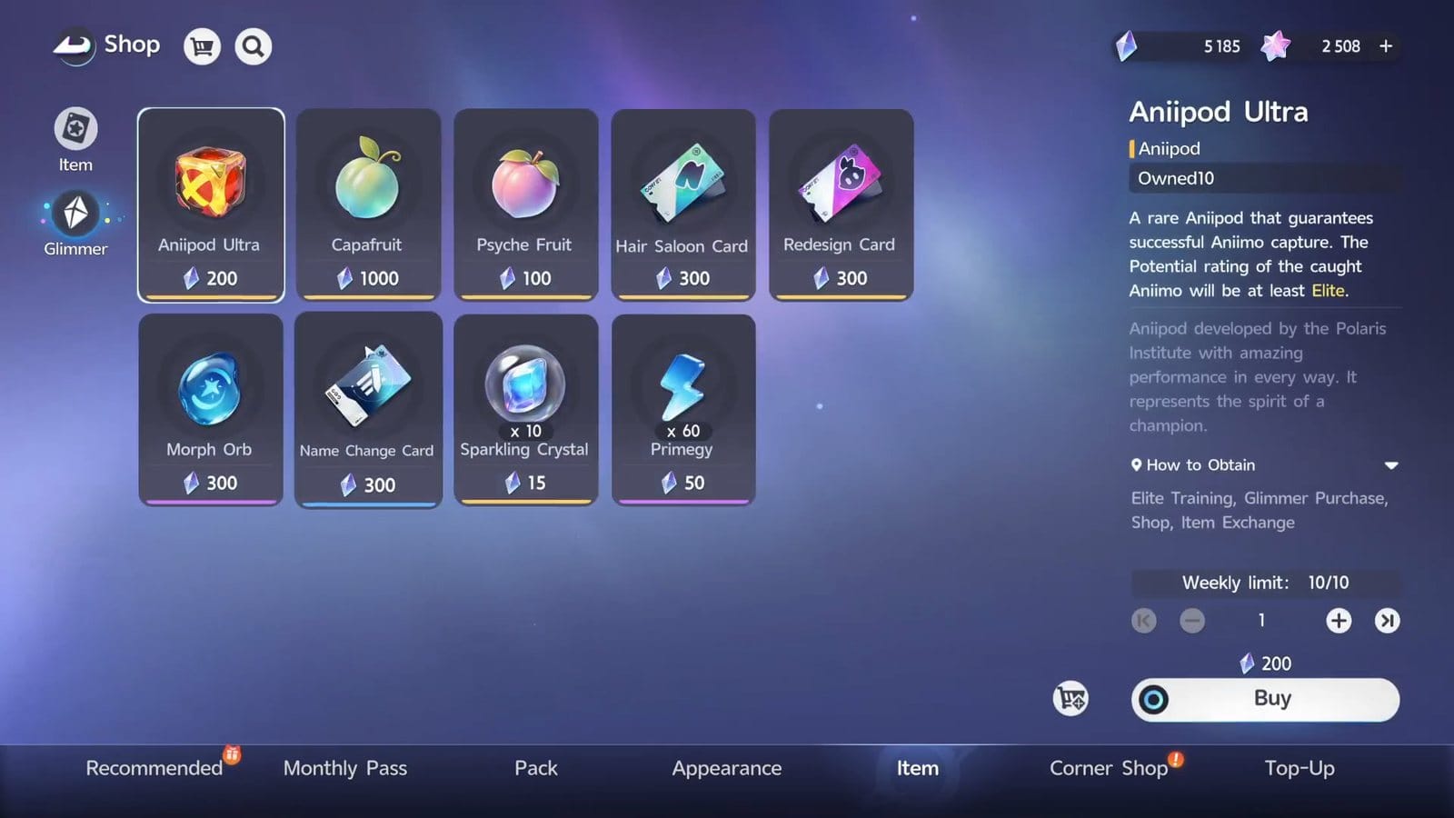 The Glimmer tab of the Aniimo shop: Aniipod Ultra 200, Capafruit 1000, Psyche Fruit 100, Hair Saloon Card, Redesign Card, Morph Orb and Name Change Card 300 each, 10 Sparkling Crystals 15 and 60 Primegy 50, with a weekly limit of 10 on the Aniipod Ultra