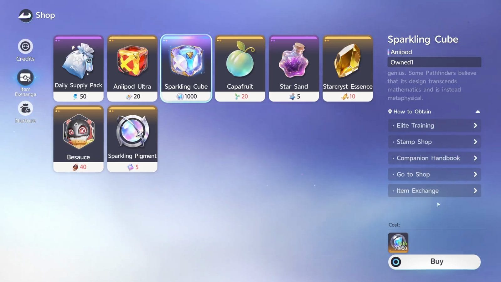 The Item Exchange at an outpost vendor with the Sparkling Cube listed for 1,000 Sparkling Crystals, next to a Daily Supply Pack, Aniipod Ultra, Capafruit, Star Sand and Starcryst Essence