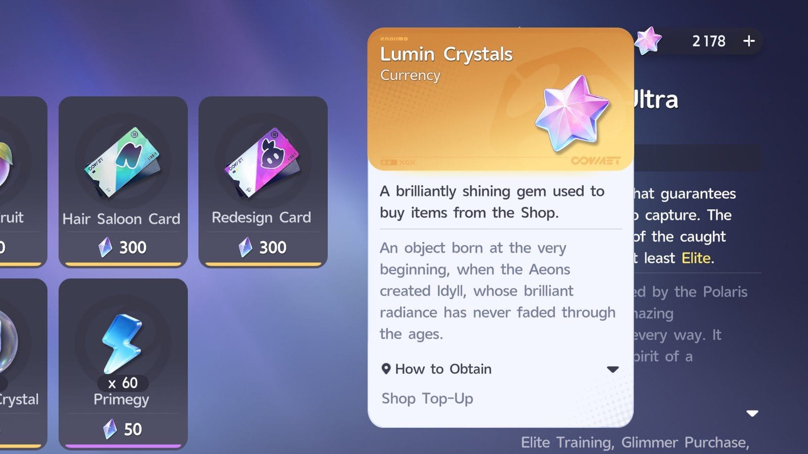The in-game tooltip for Lumin Crystals, a pink star-shaped currency: A brilliantly shining gem used to buy items from the Shop, with Shop Top-Up as the only way to obtain it